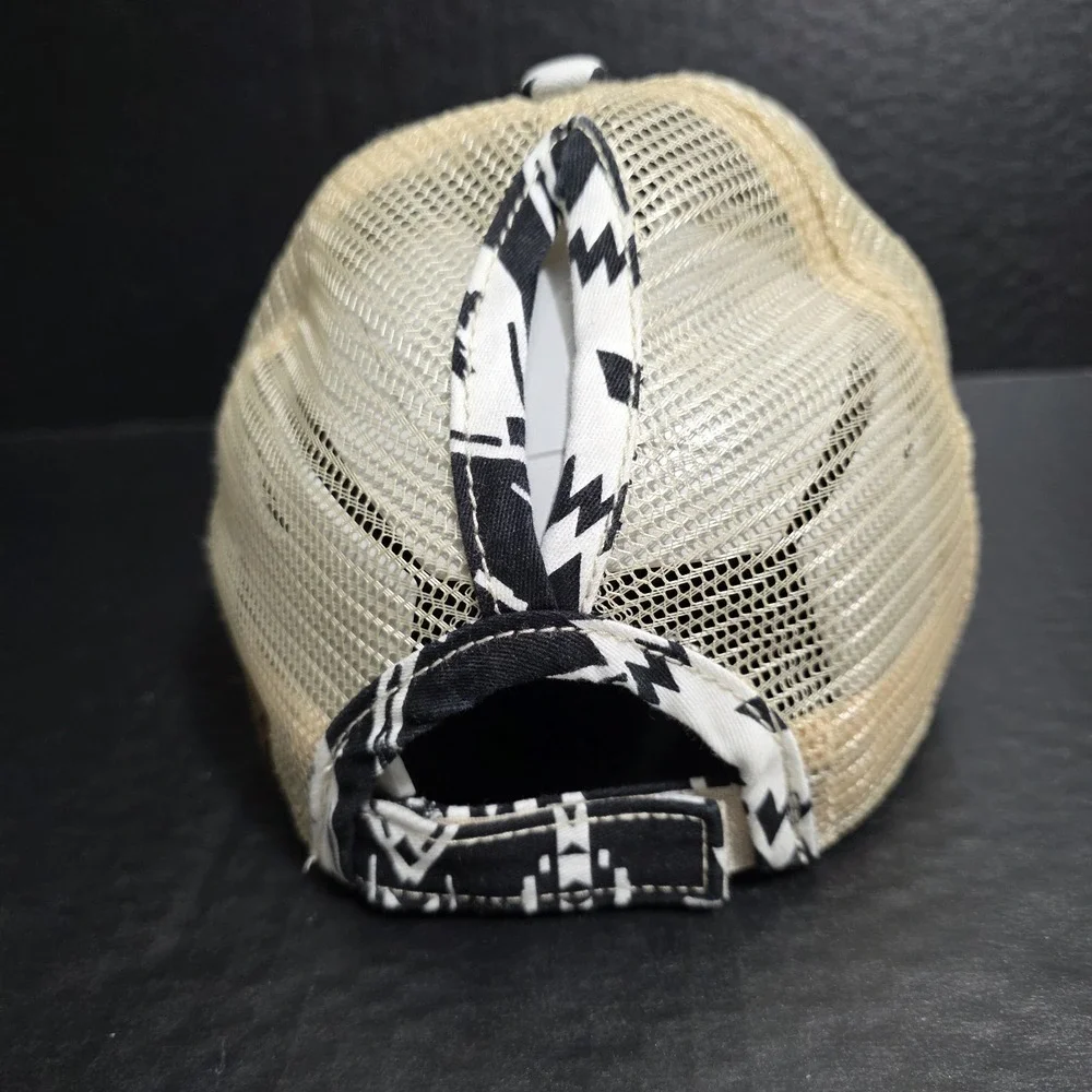 C.C Aztec Finish‎ Mesh Back Ponytail Baseball Cap Black & White Distressed Look